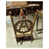 Antique Oak Rocking Chair with Spindle Ships Wheel Back and Upholstered Seat