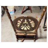 Antique Oak Rocking Chair with Spindle Ships Wheel Back and Upholstered Seat