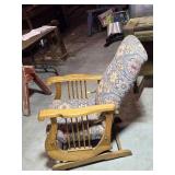 Antique Oak Platform Rocking Chair with Upholstered Seat and Decorative Pattern