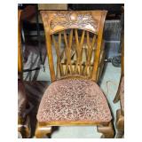 Beautiful Set of Six Vintage Carved Wood Dining Chairs with Upholstered Seats