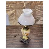 Vintage Milk Glass Hurricane Lamp with Floral Painted Base