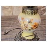 Vintage Milk Glass Hurricane Lamp with Floral Painted Base