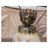 Vintage Milk Glass Hurricane Lamp with Floral Painted Base