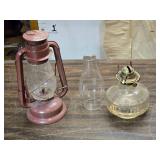Vintage Lantern Set - Red Metal Barn Lantern and Glass Oil Lamp - Chimney does not fit lamp