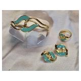 Vintage Turquoise Enamel Jewelry Set - Bracelet, Earrings, and Ring