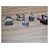 Small Decorative or Doll House Metal Cash Register, Sad Irons, Coffee Grinder, Sewing Machine