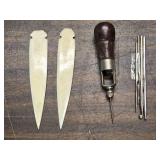 Vintage Leatherworking Tools with Bone Fids and Stitching Awl