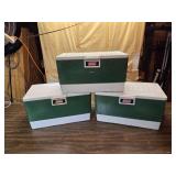 Lot of 3 Vintage Green Coleman Coolers - One has cracked plastic - See pics for condition