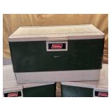 Lot of 3 Vintage Green Coleman Coolers - One has cracked plastic - See pics for condition