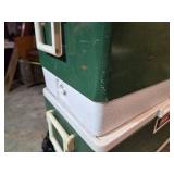 Lot of 3 Vintage Green Coleman Coolers - One has cracked plastic - See pics for condition