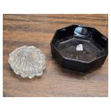 Seashell Crystal Covered Dish, Depression Glass Sugar and Cream Servers, Dark Glass Bowl
