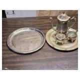 Silver Plate Tea Pot, Cream and Sugar Servers, Trays