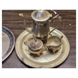 Silver Plate Tea Pot, Cream and Sugar Servers, Trays