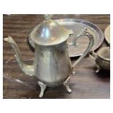 Silver Plate Tea Pot, Cream and Sugar Servers, Trays