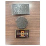 3 Brass Belt Buckles - Colt Revolvers, Oshkosh Trucks, Unknown