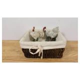 9" x 10" x 5" Wicker Basket with Canvas Inlay and 2 Ceramic Roosters
