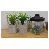 Small Tin Basket with Marble Jar and 2 Faux Tiny Planters
