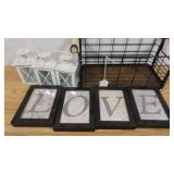 Small Black Metal Basket with 3 Candle Lanterns and 4 Small "Love" Picture Frames