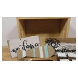 Small Wooden Tote with 11 Wooden Wall Shelf Decor