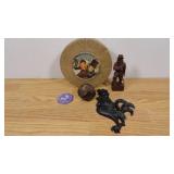 Tiny Tim Cookie Tin with Wooden Pilgrim, Black Rooster Wall Decor, Large Vintage Bell, and 1986 Last Chance Dance Button