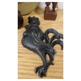 Tiny Tim Cookie Tin with Wooden Pilgrim, Black Rooster Wall Decor, Large Vintage Bell, and 1986 Last Chance Dance Button