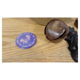 Tiny Tim Cookie Tin with Wooden Pilgrim, Black Rooster Wall Decor, Large Vintage Bell, and 1986 Last Chance Dance Button