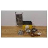 Vintage Tea Canister with Grater, Pewter Sugar & Creamer Bowls, Wooden Scooper, and Farmhouse Bell