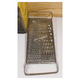 Vintage Tea Canister with Grater, Pewter Sugar & Creamer Bowls, Wooden Scooper, and Farmhouse Bell