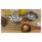 Vintage Tea Canister with Grater, Pewter Sugar & Creamer Bowls, Wooden Scooper, and Farmhouse Bell