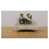 Small Wooden Riser with 2 Ceramic Fishing Frogs