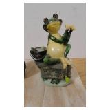 Small Wooden Riser with 2 Ceramic Fishing Frogs