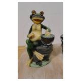 Small Wooden Riser with 2 Ceramic Fishing Frogs