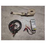 Jumper cables, battery tester and heavy duty rachet strap