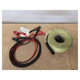 12 ft jumper cables and a 4" wide heavy duty tow strap