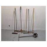 vintage thatching rakes, floor squeegees, vintage auger style post hole digger (7 items)