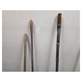 vintage thatching rakes, floor squeegees, vintage auger style post hole digger (7 items)