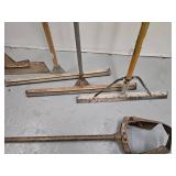 vintage thatching rakes, floor squeegees, vintage auger style post hole digger (7 items)