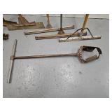 vintage thatching rakes, floor squeegees, vintage auger style post hole digger (7 items)