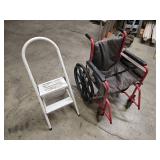 step stool, and wheel chair and 2 metal canes