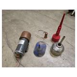 Vintage pump oil can, 3 oil funnels and a drive motor