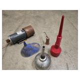 Vintage pump oil can, 3 oil funnels and a drive motor