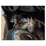 Vintage metal Kenworth sign, portable light, and mini tool case with a variety of tools