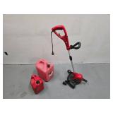 Master Craft Electric lawn mower/edge trimmer (runs but needs trimmer line) and 2 gas cans (2 gal and 6 gal)