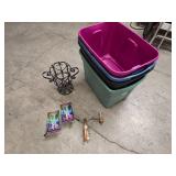 4 Rubbermaid style totes (no lids), decorative wrought iron plant stand 13" tall, wall light fixture and 2 Luma Flex lights