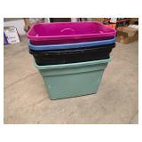 4 Rubbermaid style totes (no lids), decorative wrought iron plant stand 13" tall, wall light fixture and 2 Luma Flex lights