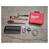 Misc tool batch - 2 pipe wrenches, Milwaukee tool box, tool tray, claw hammer, 25