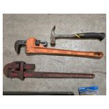 Misc tool batch - 2 pipe wrenches, Milwaukee tool box, tool tray, claw hammer, 25
