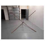 vintage outdoor umbrella clothesline, large 75 cm exercise ball and camera tripod