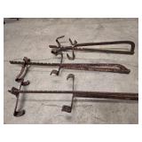 3 Vintage cast iron ladder jacks/scaffold brackets adjustable and a vintage railroad switch lever (45" long)