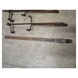 3 Vintage cast iron ladder jacks/scaffold brackets adjustable and a vintage railroad switch lever (45" long)